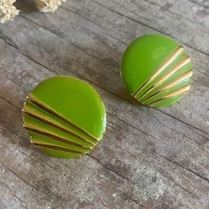 Vintage Lime Green Circle Pierced Stud Earrings Stripes Retro 80s Vibe Colorful